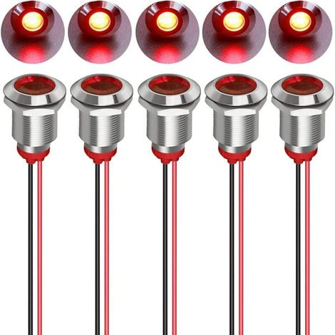 5pcs 12mm 12/24VDC LED Metal Indicator Light Waterproof Signal Pilot Lamp Dashboard Directional with Wire(Red)