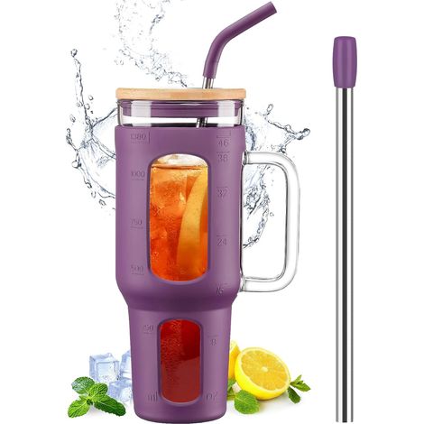 Gobelet en verre avec couvercle, 1400ml Tasse à café glacé avec poignée, Bouteilles d'eau avec manchon en silicone, Mug de 1,4 L avec 2 pailles, Sans BPA, Violet (1/5)