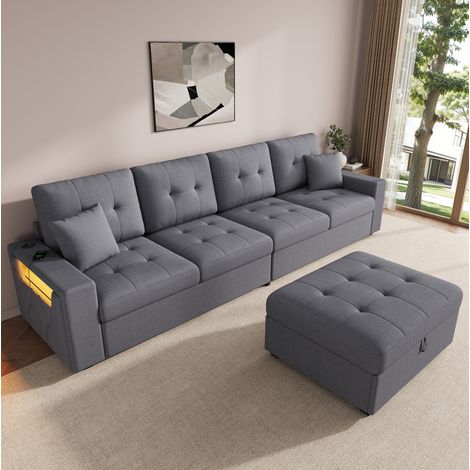 Divano angolare modulare L con pouf contenitore, porte USB/Type‑C e LED, grigio (1/5)