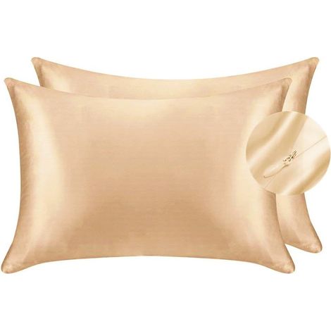 Taie d'oreiller en satin soyeux pour cheveux et visage - Lot de 2 - Anti-rides - Fermeture éclair dissimulée - 50 x 75 cm (or)