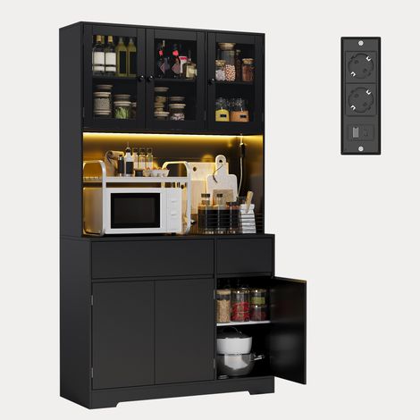 Credenza Alta 180 cm Bealife Mobile da Cucina Alto con Piano d'appoggio Illuminazione a LED a Colori Variabili Rpiani Regolabili Prese Elettriche 6 Ante 2 Cassetti 100 x 38,5 x 180 cm Nero