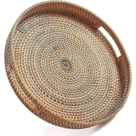 Kleines rundes Serviertablett aus naturbelassenem, geflochtenem Rattan mit Griffen, passend zu einem Couchtisch (1/5)