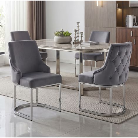 Juego de 4 sillas de comedor de terciopelo gris y plata con patas de metal (1/5)