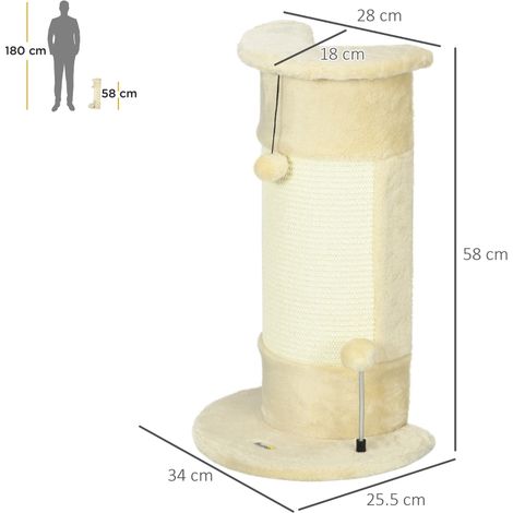 Arbre à chat compact pour chat 5kg, 2 balles jeu, griffoir sisal, revêtement peluche, beige (1/4)