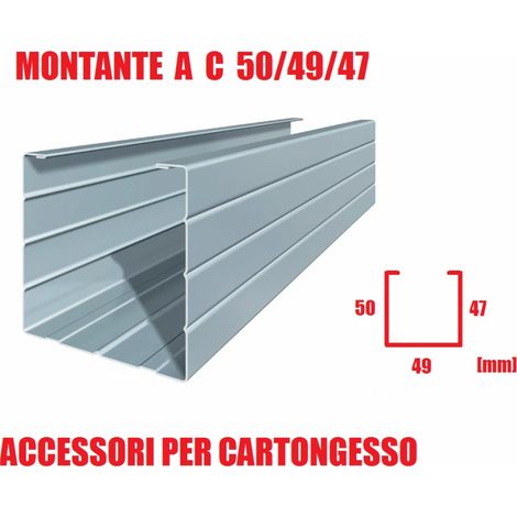 Montante a C 50/49/47 - Profilo Metallico per Cartongesso - Lunghezza Barra 300 cm