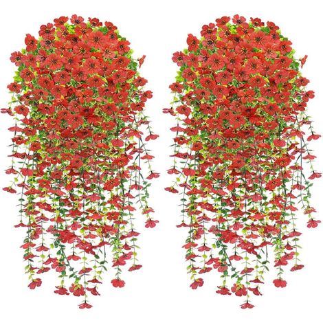 Fleur Artificielle Suspendue, 4 PCS Fleur Artificielle Extérieur, 76CM Plantes Suspendues de Simulation, Fleurs Artificielles Tombante de Mariage pour Balcon Jardin et Patio d'Extérieur, Rouge (1/5)