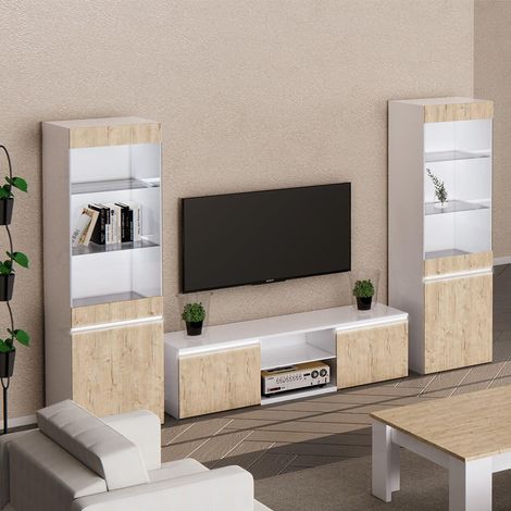 CHRIS OAK - Ensemble Salon meuble TV Laqué Blanc Brillant Aspect Bois