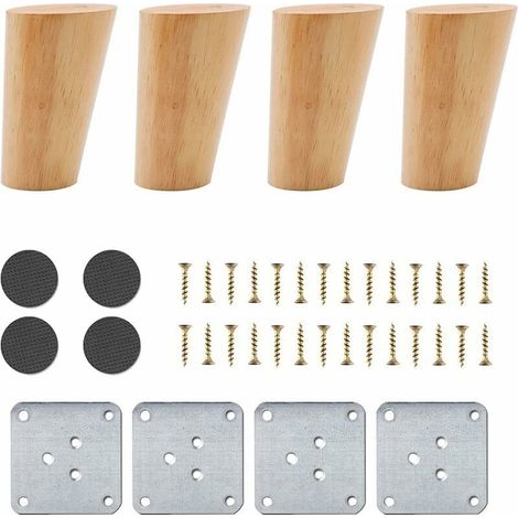 Lot de 4 Pieds de Meuble en Bois, Pieds de Meuble Coniques inclinés de 8 cm, Pieds de Table de Remplacement en Bois Massif en chêne, Pieds de Meuble avec plaques de Montage, vis et Patins en Feutre (1/4)