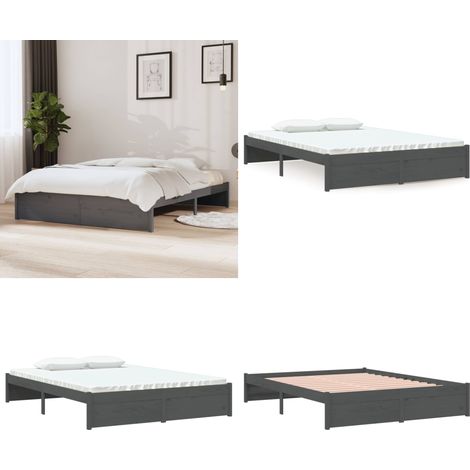 Estructura cama doble sin colchón madera maciza gris 135x190 cm - Estructura de cama - Cama doble