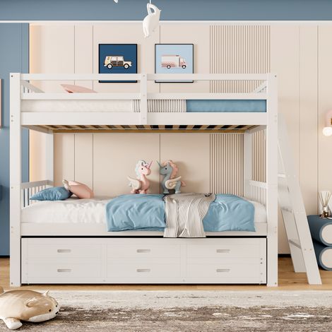 Lit superposé enfant 90x200 cm blanc en pin avec lit gigogne et 3 tiroirs, rangement (1/5)