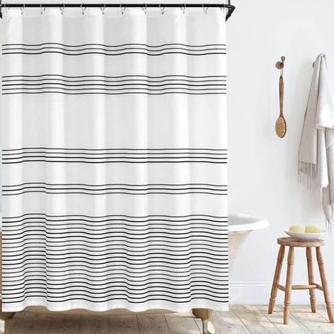 Schwarz-weißer Duschvorhang aus Stoff, moderner Duschvorhang fürs Badezimmer mit schwarzen Streifen, wasserdicht, Sommer, 70 x 72 Zoll lang, mit Haken. (1/4)