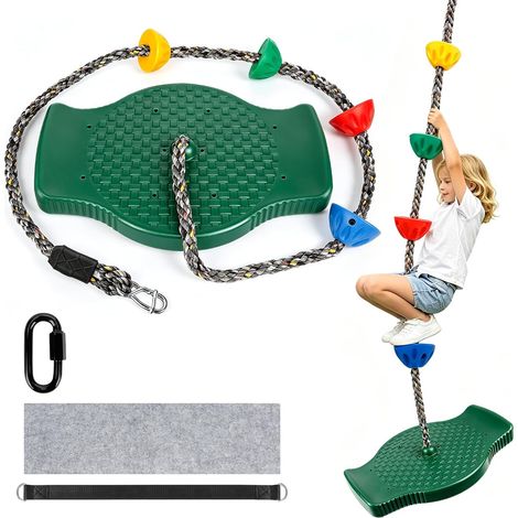 Balançoire en Corde d'escalade avec Plateforme et siège à Plateau Rond Balançoire avec cordes réglables, adaptée au jardin et à l'aire de jeux, Peut se tenir debout, s'asseoir ou grimper, Vert (1/5)