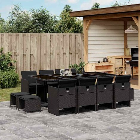 Ensemble repas de jardin 13 pièces en résine tressée noire avec coussins, table 220 cm - PANGIVO (1/5)