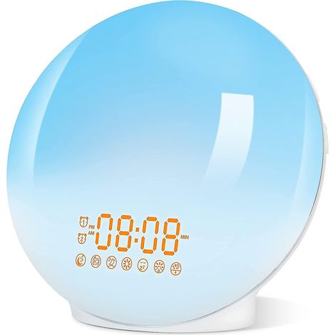 Réveil lumineux, radio-réveil, simulateur d'aube et de crépuscule, 20 niveaux de luminosité, 7 sons naturels, fonction snooze, radio FM, lampe de chevet LED 7 couleurs (1/5)