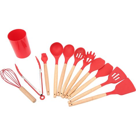 Set mit 12 Küchenutensilien aus Silikon mit ergonomischen Holzgriffen, rote Küchenhelfer (1/5)
