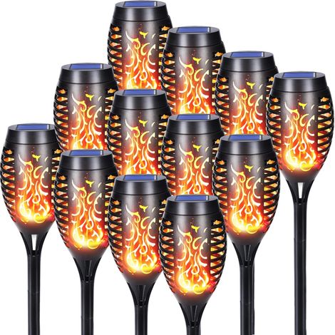Luci solari da esterno - Confezione da 12, ogni luce contiene 12 lampadine a LED, effetto fiamma realistico, design impermeabile - Ideali per decorare giardino, patio, vialetto e prato. (1/5)