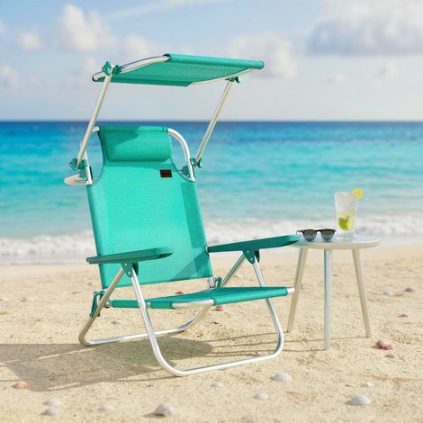 Chaise de plage. chaise longue d'extérieur pliable à 6 positions. auvent ajustable et repose-tête. 62x68x79cm. turquoise