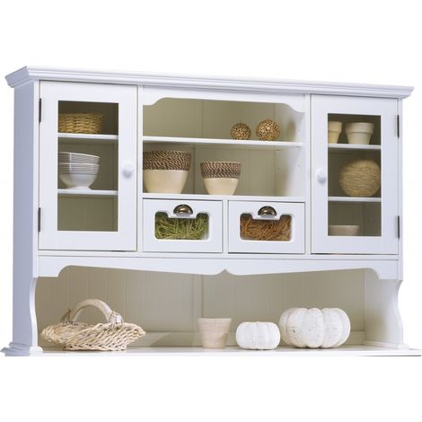 Beaux Meubles Pas Chers – Vaisselier blanc haut 2 portes vitrées – 2 tiroirs – Longueur 143 cm – Hauteur 96 cm – Profondeur 33 cm – Structure en MDF et pin massif (1/5)