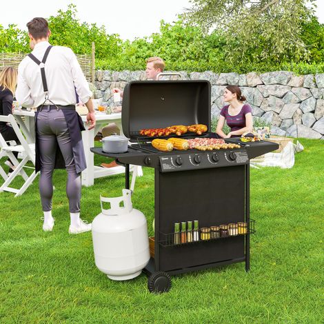 Barbacoa de Gas con 4 Quemadores Quemador Lateral Tapa con Termómetro Parrilla y Mesa Lateral Ruedas 121x54x97 cm Negro