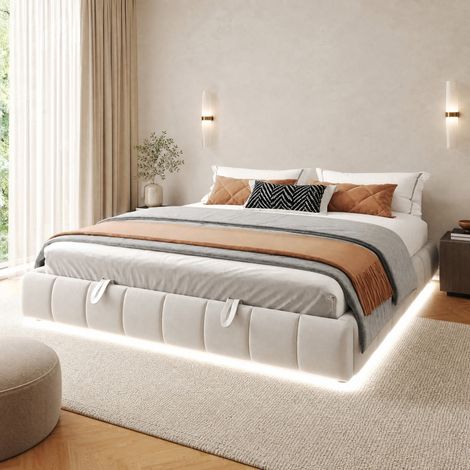 Letto matrimoniale 180x200 cm in velluto beige con contenitore, senza materasso - FLORAGRACE (1/5)