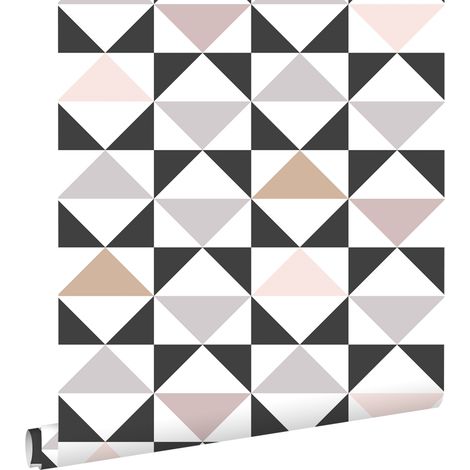 papier peint triangles blanc, noir, gris chaud et vieux rose - ESTAhome