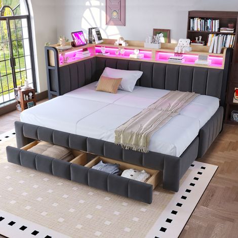 Modernluxe - Canapé-lit capitonné 180x200 cm - avec lit gigogne et 2 tiroirs - avec LED et USB - Gris foncé(sans matelas) (1/5)
