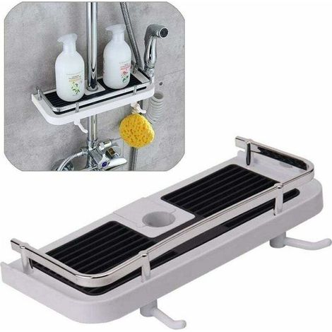 Étagère Douche Sans Percage Porte Savon pour Rangement et Organisation de la Salle de Bain avec 2 Crochets et un Support de Douche Adapté aux Barres de Douche 20mm-25mm Blanc (1/5)