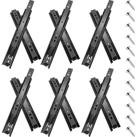6 paires glissières de tiroir 25 cm (12 pièces),glissiere pour tiroir, montage latéral,extension complète,coulisse tiroir avec roulements à billes, capacité de 45 kg, noir (1/5)