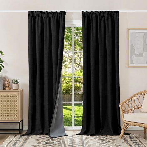 Lot de 2 Rideau, 140x260cm, Occultant Thermique, Tissu Lin, Anti Bruit, Salon Chambre
