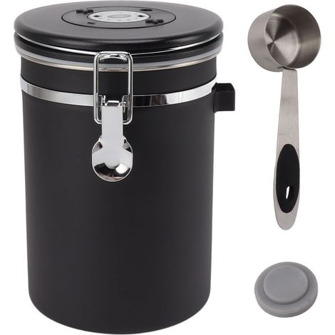 Boîte à café hermétique de 1,8 L en acier inoxydable avec cuillère intégrée, noire (1/5)