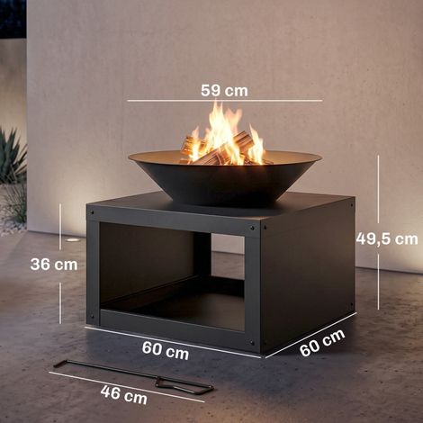 Brasero rond en acier noir Ø 59 cm, avec support à bûches et tisonnier, pour bois ou charbon, idéal jardin et terrasse. (1/5)
