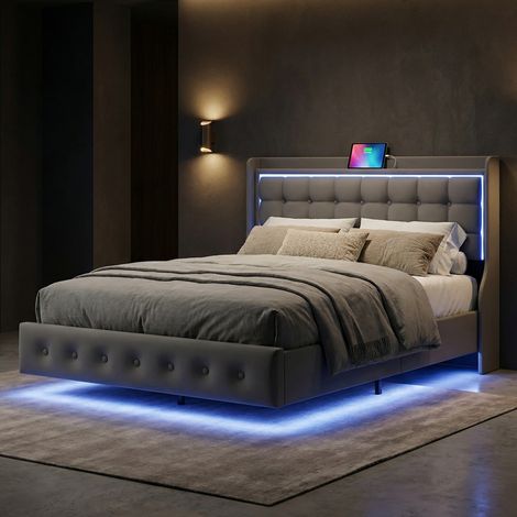 Letto matrimoniale 160x200 con rete a doghe, letto per adulti con effetto sospeso e illuminazione LED, testiera con porta USB, velluto, stile moderno, Grigio