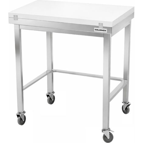 Table de travail en inox 700x600 mm avec plaque de découpe blanche et renfort sur roulettes PREMIUM - GOLDINOX (1/4)