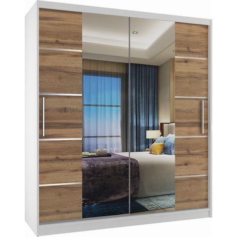 BELINI Grande Armoire 2 Portes Coulissantes VERONA ME 133 cm - Miroir Intégré & 2 Tiroirs - Chambre Adulte - Blanc / Brun Doré (1/4)