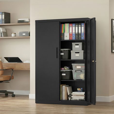 Armoire en Acier à 2 Portes, Verrouillable, Étagères Réglables, Meuble de Rangement pour Bureau, 80 x 40 x 140 cm, Noir