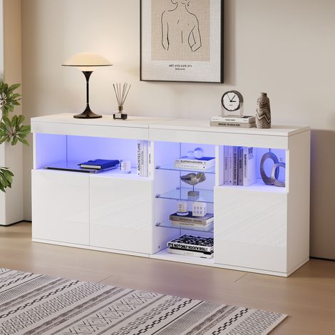 Buffet laqué blanc brillant 155,5x35x72 cm avec éclairage LED, meuble TV/salon à 3 portes et 3 niches vitrées, rangement sans poignées pour salle à manger, console basse sous canapé (1/5)