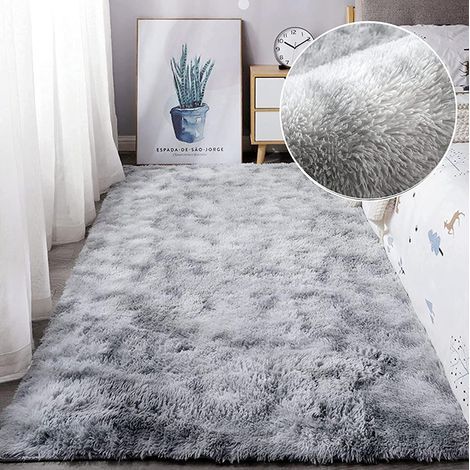 Weicher, rutschfester Hochflorteppich 80 x 120 cm – Extra weiche Plüschfasern – Optimaler Komfort für Wohn- und Schlafzimmer – Grau und Weiß (1/5)