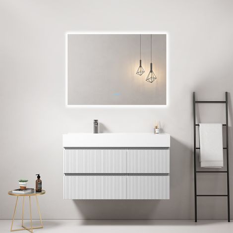 Mobile bagno sospeso cannettato 100 cm Bianco Lavabo a Sinistra in Resina Specchio Quadro Retroilluminato - Fiji Paint