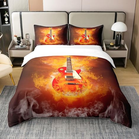 Housse de couette 100 % coton pour guitare, 135 x 200 cm, motif rock, guitare, flamme, pour enfants, adolescents, jeunes hommes, décoration marron pour chambre à coucher, salon (1/5)