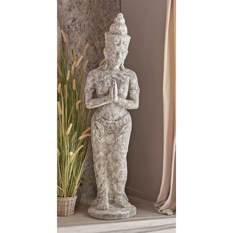 Stehende Buddha-Frauenfigur, gealtertes Grau, 165 cm. 47 x 47 x 165 cm.
