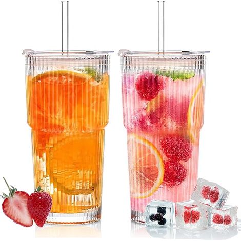 Tasse en bambou de grande capacité, tasse à paille en verre à rayures verticales de grande valeur avec couvercle, tasse à boisson en paille (1/5)