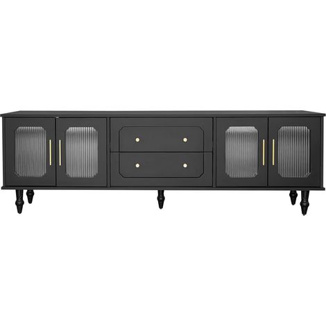 Retro-TV-Möbel schwarz 175 x 38 x 55,5 cm mit geriffeltem Glas und goldenen Griffen (1/5)