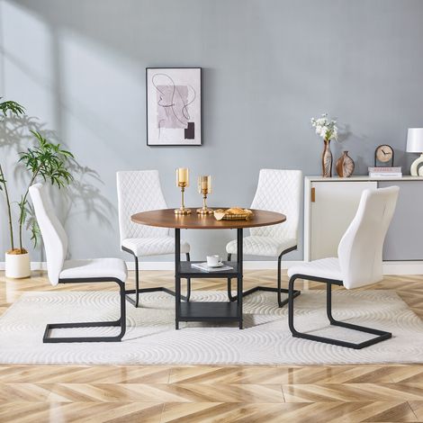 Ensemble table ronde 107 cm double étagère + 4 chaises losange blanc. Conception MDF métal,style industriel adapté aux salles à manger européennes.