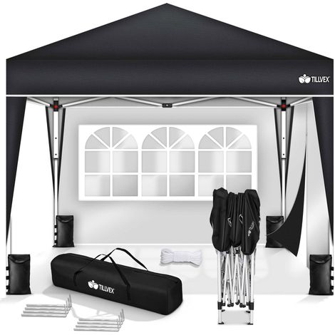 tillvex Pavillon 3x3m Schwarz - mit 2 Seitenteilen wasserdicht Pop-Up Faltpavillon höhenverstellbar Gartenzelt UV Schutz 50+ Partyzelt mit Tasche für Garten