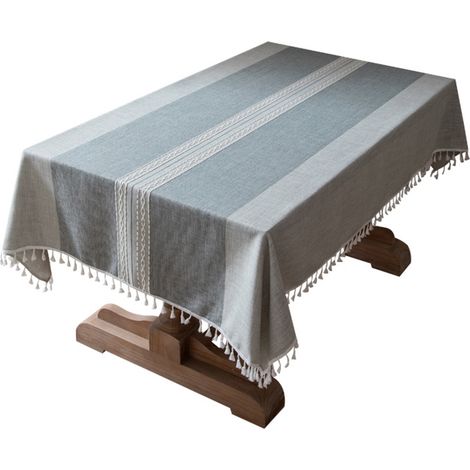 Nappe brodée pour table à manger, style rustique champêtre, avec pompons, en coton et lin, résistante aux taches et aux éclaboussures, rectangulaire, grise. (1/5)