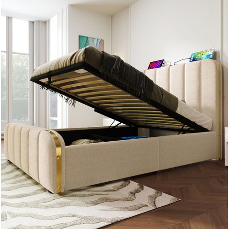 Bett 90x200 cm modern, gepolstert in Beige-Leinen, mit USB/Type-C Kopfteil und hydraulischem Stauraum (1/5)