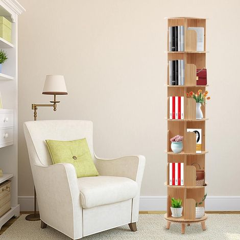 6 Etagen Massivholz Drehbares Bücherregal, 360 °Display Standregal Holzregal Bodenstehendes Bücherregale, Multifunktionaler Aufbewahrung Regal für Kinder & Erwachsene
