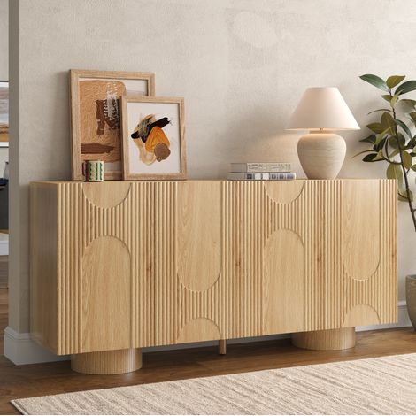 Aparador (160x38.5x76 cm), de cuatro puertas, estantes regulables, acabado de madera, bambú MDF y pino, natural (1/5)