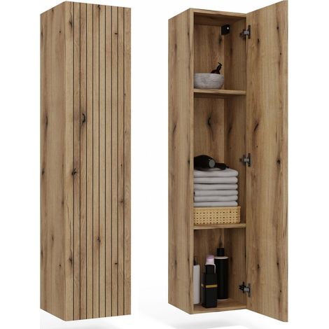 Topeshop – Armoire murale de salle de bain suspendue 135x31x29,5 cm – Façade rainurée chêne evoke – 1 porte – Montage sans poignée