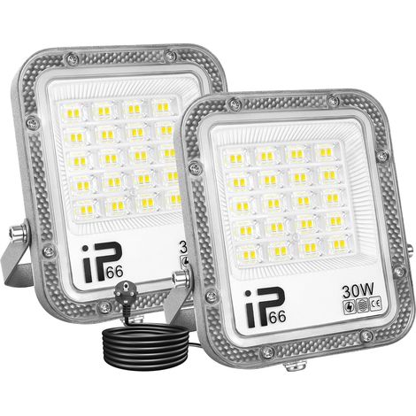 2pcs Projecteurs LED Extérieur Avec Prise EU, Spot LED 30W 3000LM Blanc Froid 6000K IP66 Etanche Eclairage Lumière de Sécurité pour Jardin Patio Garage Terrasse Maison